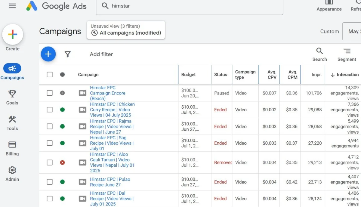 Google Ads campaign list for the Himstar EPC YouTube recipe video campaigns